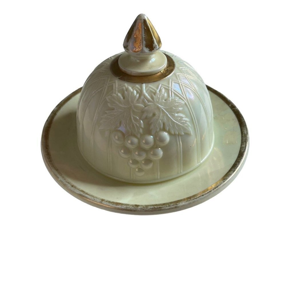 Vintage Iridescent Milk Glass Round Butter Dish Grape Pattern Gold Trim 7 inch